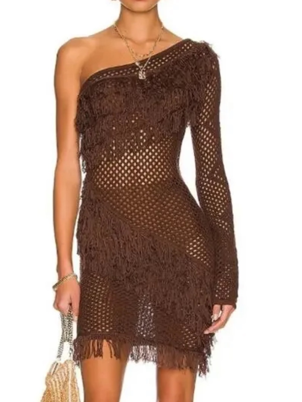 Tularosa One-Shoulder Brown Crochet Fringe Dress